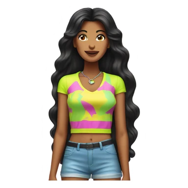 Tanned woman with long black hair wearing 1980s style neon outfit and hair sticker
