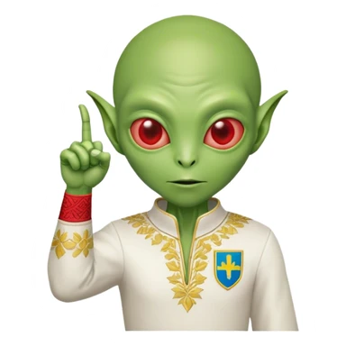 Green alien in Shirt 👚 vyshyvanka, white with red embodiary on sleeved, with 🇺🇦 Ukraine flag in a hand and 💪 sticker