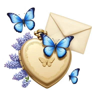 A golden locket, resting beside an ivory envelope sealed with a pearl wax stamp, is surrounded by delicate blue butterflies and cascading white lilacs. A vintage perfume bottle with intricate floral engravings sits nearby, its fragrance lingering in the air. sticker