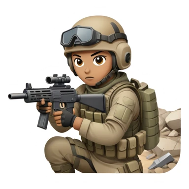 A skilled airsoft player in tactical gear, aiming a gun and shooting metal BBs in a desolate, ruined landscape. The setting is filled with broken walls and debris, creating a tense atmosphere of strategy and precision in a high-stakes tactical environment sticker