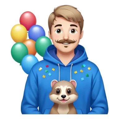 Mr. Beast wearing a blue hoodie, ferret mustache, small light beard, big friendly smile, standing in front of a colorful, fun background with confetti and balloons sticker