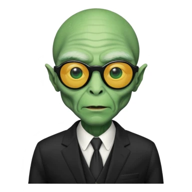 an old alien with black suit, green skin, neutral, sunglass
 sticker