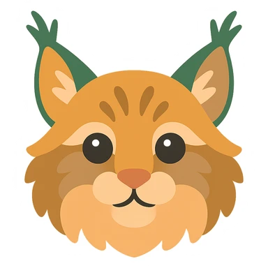 A cute and soft lynx face with big, expressive eyes, designed in a warm and magical color palette: golden orange (FA9B41), forest green (4A7C5C), muted taupe brown (96775A), and pastel peach (FFCC9A). The lynx’s fur is fluffy and soft, with a mix of warm browns and golden highlights. Its ears are tipped with tufts of fur in greenish tones, and its cheeks are gently rounded with subtle peach accents. The eyes are bright and curious, surrounded by soft fur in the warm color palette. The overall look is adorable, serene, and enchanting, evoking a gentle, woodland atmosphere. sticker