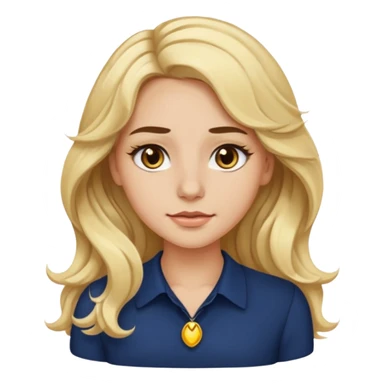 female with long wavy blonde hair, brown eyes, small gold nose stud, black eyeliner, navy blue blouse, emoji style, neutral expression sticker