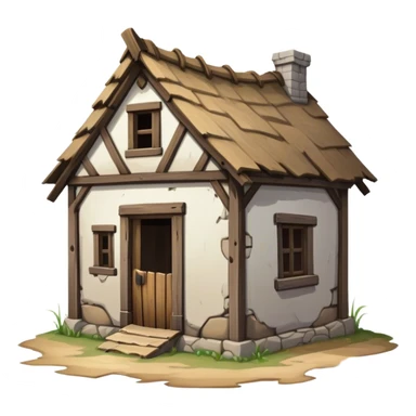 a dilapidated one-story medieval shack. The building has no windows. sticker