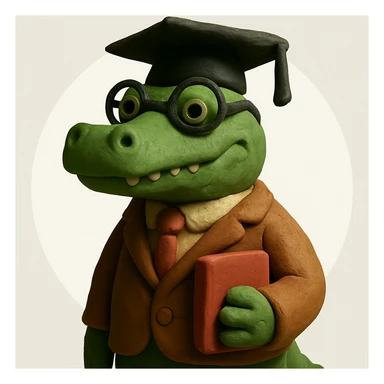 Add a solid white circle background behind the claymation style alligator professor, keeping the original style and lighting. sticker