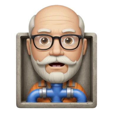 50 year old bearded and moustached white male wearing glasses with an open mouth. His mouth has been cast into a square frame made of concrete connected to a drain pipe. He is proud and thinks his right, while being slightly angry because the joke is on him. sticker