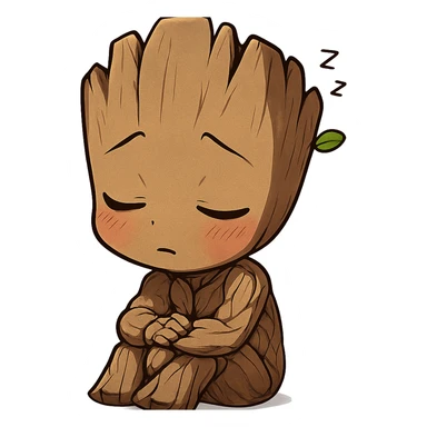 anime style Groot character, cute and shy, sleeping sticker