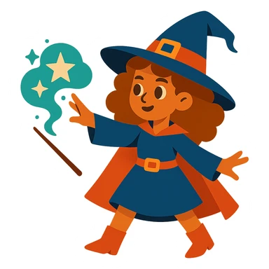 witch with caramel brown curly hair, casting a spell sticker