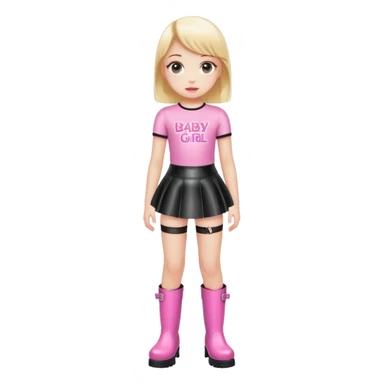 Mini latex skirt and boots and short top with pink inscription “Baby girl” sticker