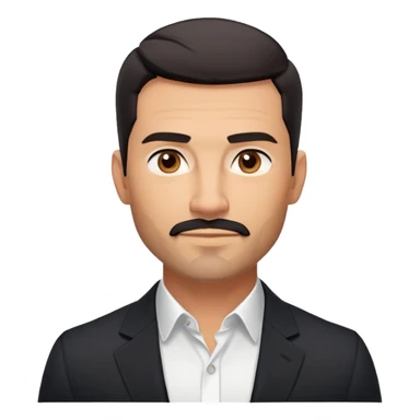 Handsome athletic man in his mid-40s with tan skin, short black hair with clear fade cut, 5 o'clock shadow facial hair, strong square masculine face, warm approachable expression, black blazer worn open, white buttoned shirt with collar unbuttoned, explicitly no tie sticker