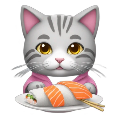 Cute gray stuffed cat eating sushi. This cat has a pink hoodie sticker