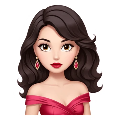 A woman with slightly darker almond-toned skin, voluminous dark hair in waves, expressive eyes with soft lashes and shimmer, full lips with a glossy nude-pink color, wearing a red dress and a white crossbody sash with “Miss San Juan” in black letters, exuding elegance and confidence. sticker