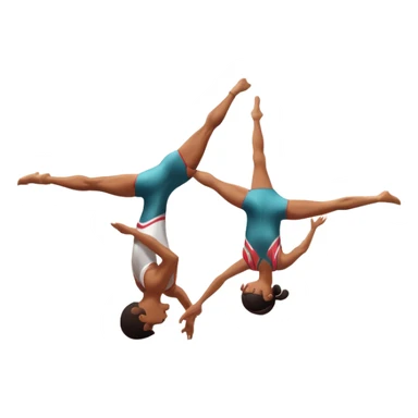 Two acrobats performing a dynamic mid-air flip, showcasing strength and balance. One is supporting the other in an elegant aerial position. The background features an indoor gym with bright lighting, a professional atmosphere, and a slight blur of the audience in the distance sticker