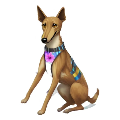  brindle brown black maroon striped lurcher Alsatian fox running blue eyes and iridescent holographic oilslick harness wearing paper iridescent tropical flower crown yellow caution tape sticker