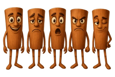 Create five versions of this cinnamon stick character with different expressions: happy, sad, surprised, angry, and flirty. Maintain the cinnamon stick character style and details. Transparent background. sticker