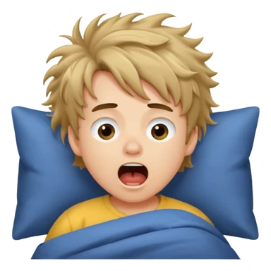emoji- of a cute boy waking up in bed. He is yawning or rubbing his eyes.  sticker