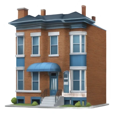Two story brick row-house with blue tin-clad bay window protruding from the front left and no porch, no front steps sticker