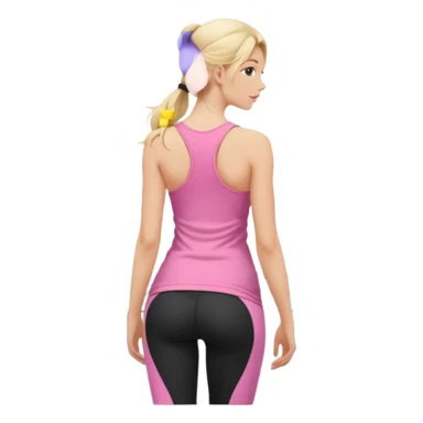 Render from knees up, view from the back, fair skinned woman, thin, long blond hair, cooking dinner in kitchen, pink loose tank top, showing natural B cup breast shape SFW, black yoga pants, perfect booty, looking back sticker