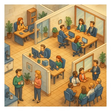 В слегка рисованном, но при этом ярком и объемном стиле - четкую, изометрическую 3D-сцену в мультяшном стиле с видом сверху под углом 45°, изображающую офис кабинетами, open space и другими характерными местами. В офисе работают люди - кто-то говорит по телефону, работает за компьютером, другие пьют кофе, сидят на общем собрании, переговори. Используйте мягкие, изысканные текстуры с реалистичными PBR-материалами и мягким, реалистичным освещением и тенями, не обрезать картинку краями кадра sticker