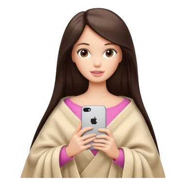 Barbie girl with a long straight dark brown hair inside a pale beige blanket holds an iPhone in her hands sticker