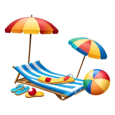 Icon for Beach Tourism: a sandy beach with a beach umbrella, with the ocean landscape in the background, flip-flops, a towel and a beach ball. The icon should capture the relaxation and fun of beach vacations. Transparent background. sticker