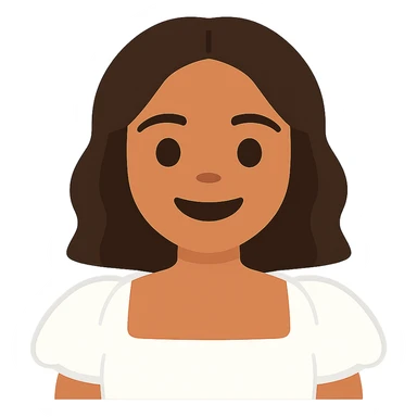 Make the emoji portrait look more like the woman in the reference image: match her facial features, hairstyle, and skin tone. Keep the white dress and smiling expression. Render in a simple emoji style with a transparent background. sticker
