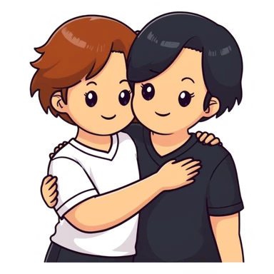 Two girls with light skin, one with chestnut hair and one with black hair, wearing white V-neck shirts, hugging warmly with gentle smiles sticker