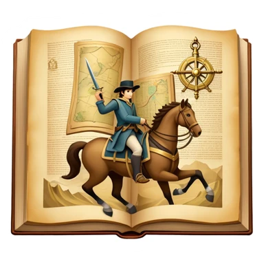 Icon for Reading Fiction: a large open book with pages turning into musketeers on horseback, Sherlock Holmes and Island of treasure map. The icon should evoke the adventure and romance of exploring fictional worlds. Transparent background. sticker