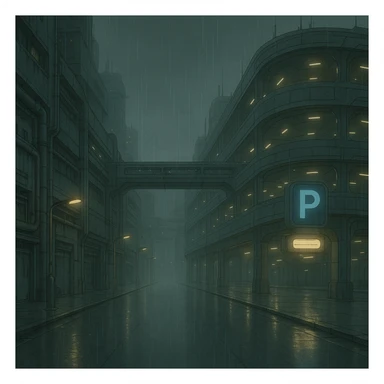 a dark, drab industrial street, dim lights, thick fog and rain. no cars. parking structure. pre-twilight gray. dystopian futurepunk, but the streets are clean, massive structure, very futuristic sticker