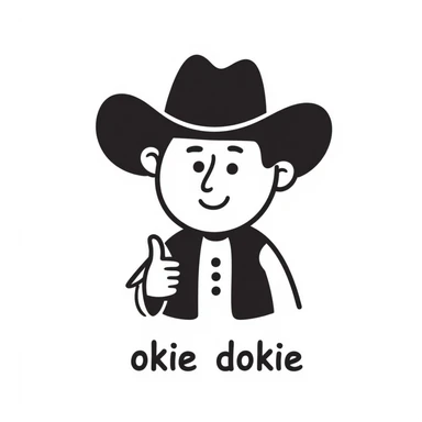 cute cowboy emoji giving a thumbs up, with 'okie dokie' written in a friendly, rounded font sticker