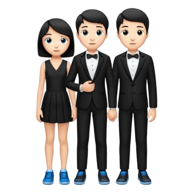 generate a pretty bratz fair skinned boy with short black hair wearing a black tux with blue sneakers with a girl sticker