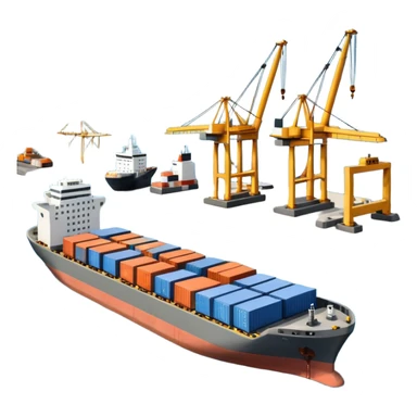 A 3D cartoon cargo or passenger seaport terminal with cranes and ships docked, calm lighting, Memoji-style realism. sticker
