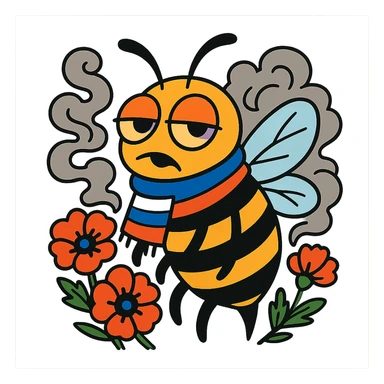 bee with a Russian flag scarf, droopy eyes, surrounded by swirling smoke and poppy flowers, playful rebellious attitude sticker
