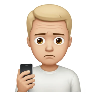 A sad-looking cartoon man holding a smartphone, staring at the screen with worried eyes and a frown, wearing a white shirt. sticker