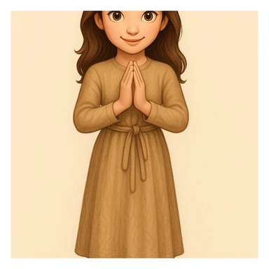 Enhance the face to be very pretty and detailed, with expressive features. Make the dress more detailed and textured, keeping the same light tan color and fullbody pose. Render in emoji style. sticker