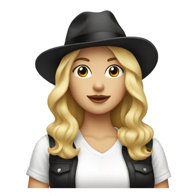 blonde white woman wearing an oversized glittery white tshirt + black fedora sticker