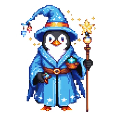 Penguin wizard with robe and magical stars sticker