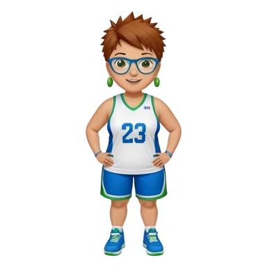 Full Body plus size white female basketball player with short medium brown hair with carmel highlights spikey hair wearing blue glasses 
 wide nose wearing blue green uniform  green sneakers smiling wearing earrings sticker