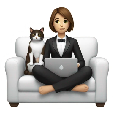  woman with brown hair sitting on the couch with a laptop on her lap next to small black and white tuxedo cat sticker