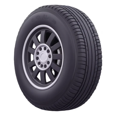 3D emoji style car tire, front view, black rubber with simple tread, silver rim, simple and expressive sticker