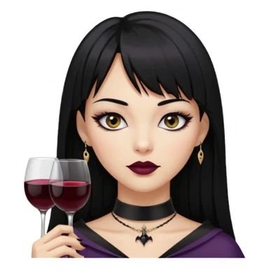 mulher cabelos pretos longos e lisos com uma franja curta acima dos olhos, olhos pretos com delineado, expressão séria, com um sorriso sensual e lábios cor de vinho, ela usa uma gargantilha preta com um pequeno pingente de morcego preto sticker