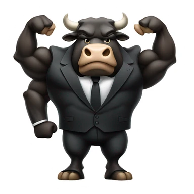 big muscular bull wearing black suit and holding a briefcase full of money with angry face sticker