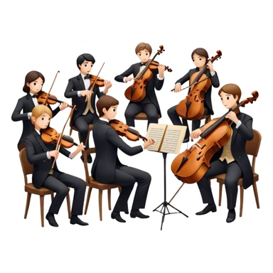 Icon for Classical Music: chamber orchestra with 4-5 musicians playing string instruments (violins, violas, cellos) and a conductor leading the ensemble. The intimate, refined atmosphere. Transparent background. sticker