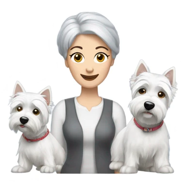  short gray hair lady blue eyes with three westie dogs sticker