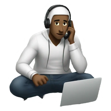 a white man, tired, is sitting at a laptop and talking on the phone, there is a bundle of money next to him, headphones on his head

 sticker