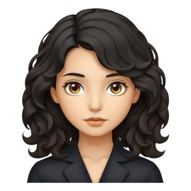 this avatar of girl has shoulder-length black wavy hair with loose curls framing the face, and a long, pointed face with golden-brown eyes and a calm, neutral expression. sticker