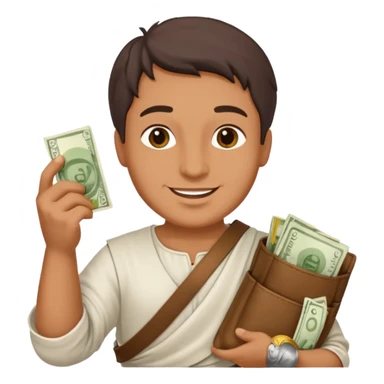 Emoji portrait of a Roman merchant. Loose-fitting clothes, holding a money pouch, cheerful expression. sticker