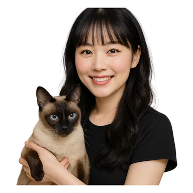 white-skinned East Asian woman holding a Siamese cat, black see-through bang bangs, long wavy hair, round brown eyes, light pink blush on cheeks, pink lips, smiling face sticker