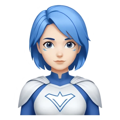 A close-up emoji of a friendly woman with blue hair (no eye mask) wearing a minimalist blue and white superhero costume with wide shoulders. The costume has a large empty area on the chest for the logo, uses only blue and white colors, and has minimal details. sticker